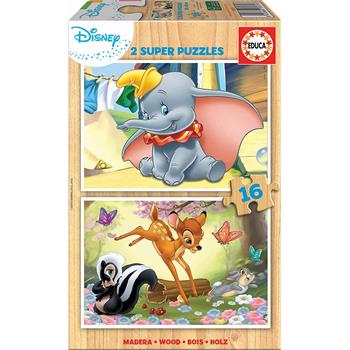 EDUCA - DISNEY ANIMALS DUMBO AND BAMBI WOODEN PUZZLE (2X16PC)